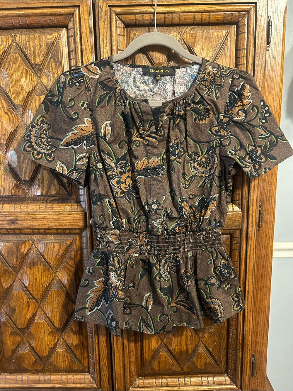 Sugarlips Brown Floral Peplum Blouse with Green Accents